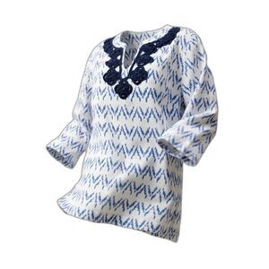 Woman's Boho Tunic Top Sz L  Embroidery White Navy Blue 100% Cotton V Neck